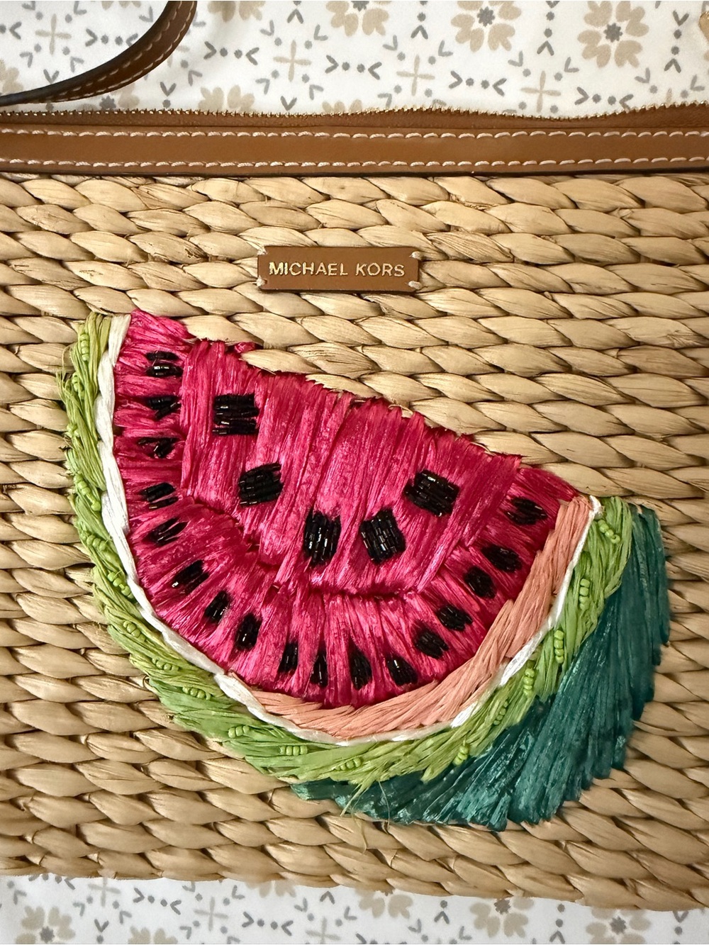 Michael Kors Straw Wristlet with Pink & Green Watermelon Embroidery - Picture 7 of 8